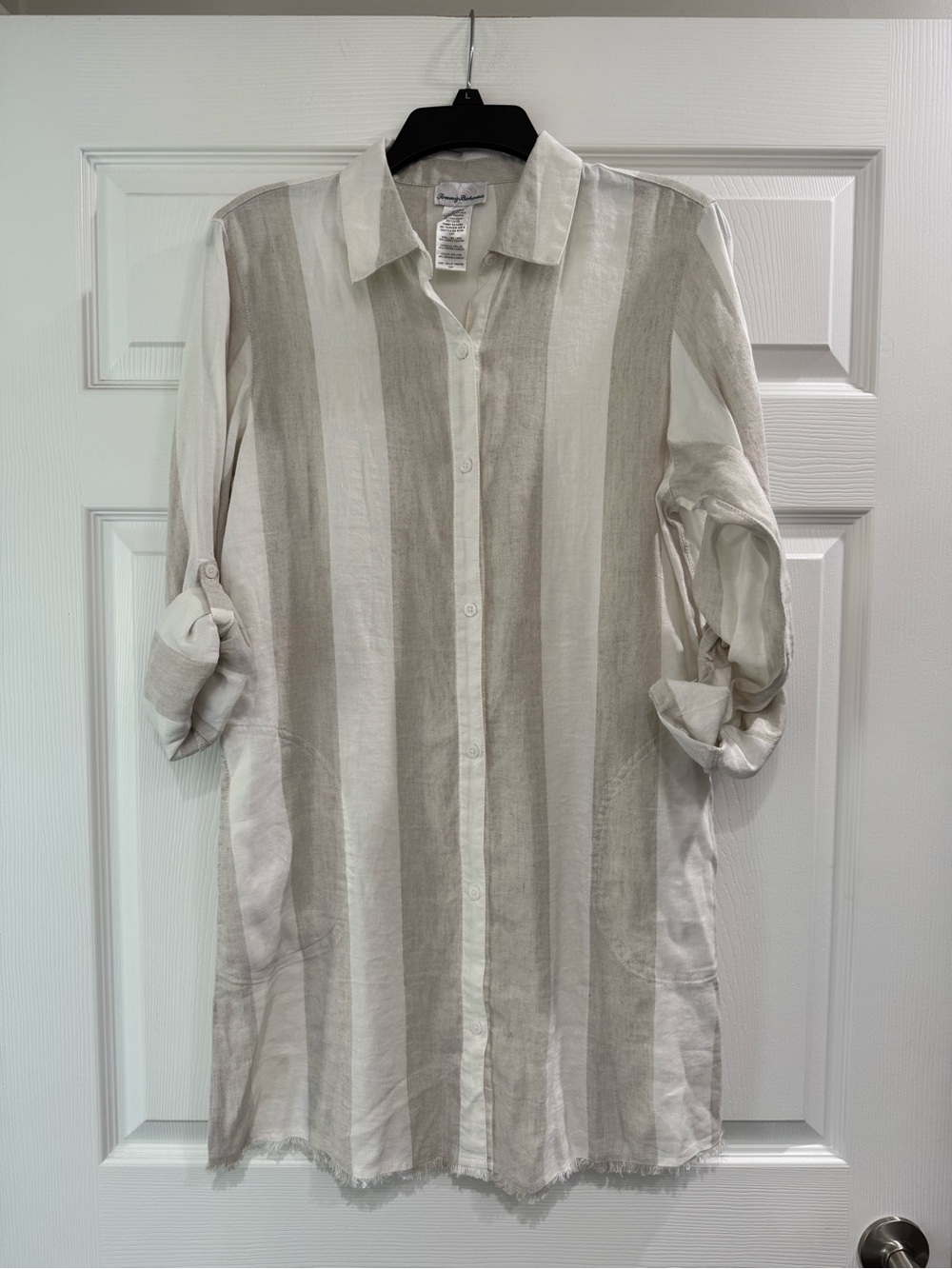 Tommy Bahama Rugby Beach Stripe Boyfriend Shirt Womens Small Linen Blend Swim